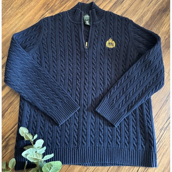 Lauren Ralph Lauren Womens Sweater Size Medium Blue 1/4 Zip Cable Knit Crest - Picture 1 of 6